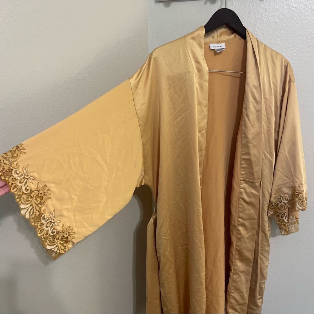 Natori Satin Kimono Robe in Gold with Lace Trim